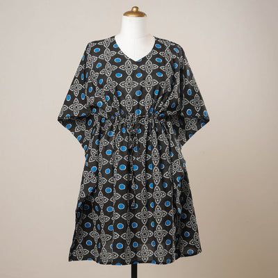 Black - Sanganeri Printed Cotton Kaftan with Tie-Up Waist (Medium)