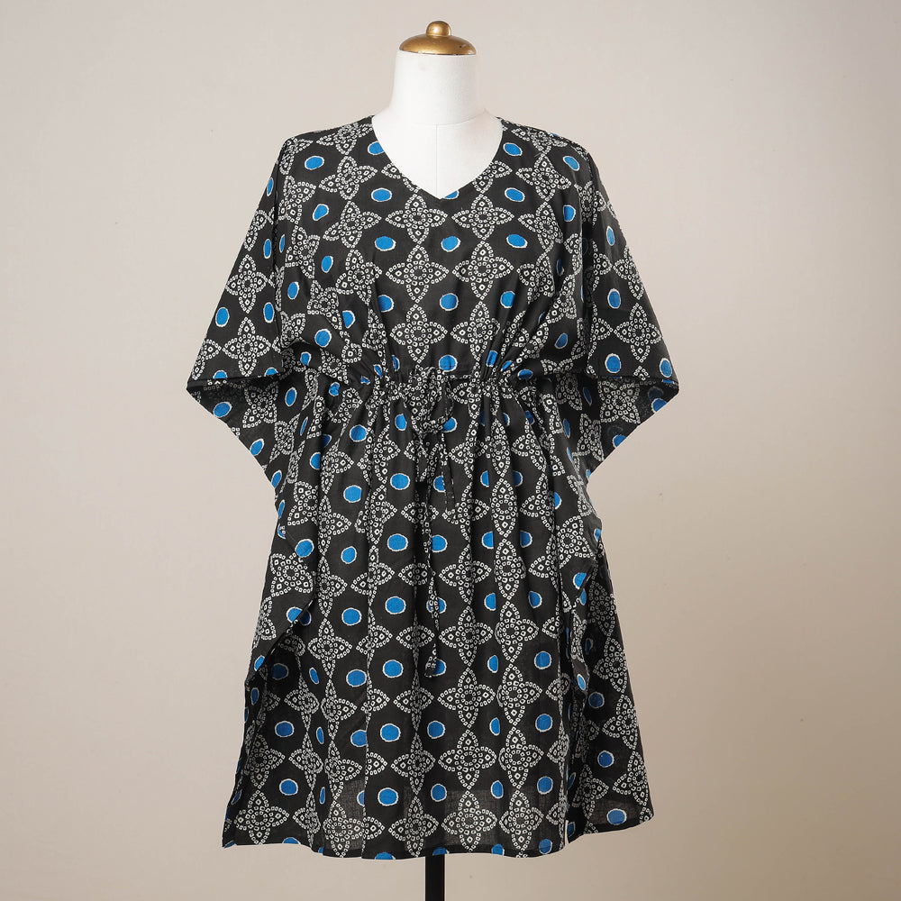 Black - Sanganeri Printed Cotton Kaftan with Tie-Up Waist (Medium)