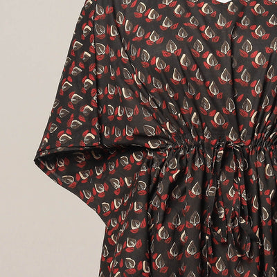 Black - Sanganeri Printed Cotton Kaftan with Tie-Up Waist (Medium)