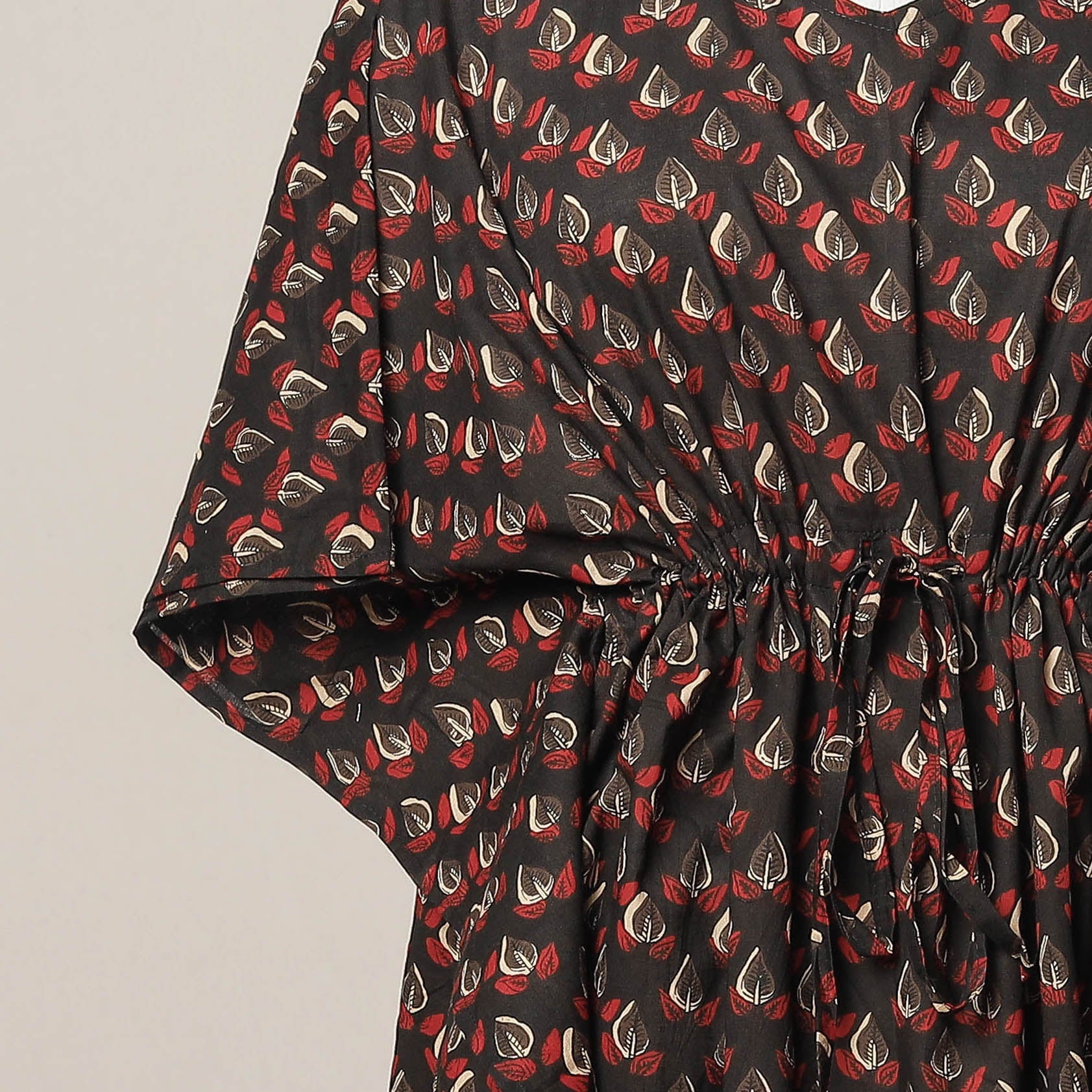 Black - Sanganeri Printed Cotton Kaftan with Tie-Up Waist (Medium)