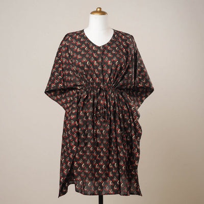 Black - Sanganeri Printed Cotton Kaftan with Tie-Up Waist (Medium)