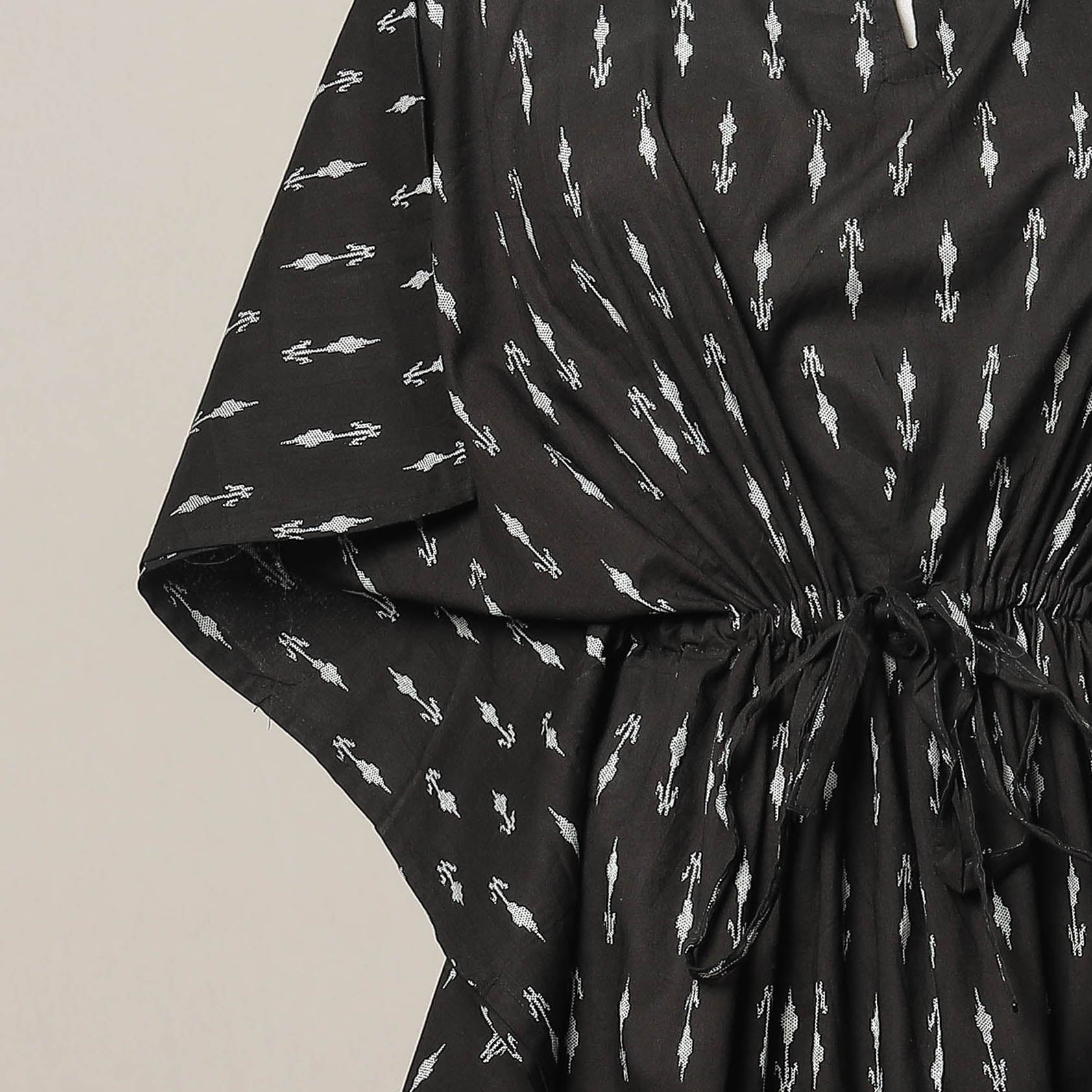 Black - Sanganeri Printed Cotton Kaftan with Tie-Up Waist (Medium)