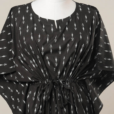 Black - Sanganeri Printed Cotton Kaftan with Tie-Up Waist (Medium)