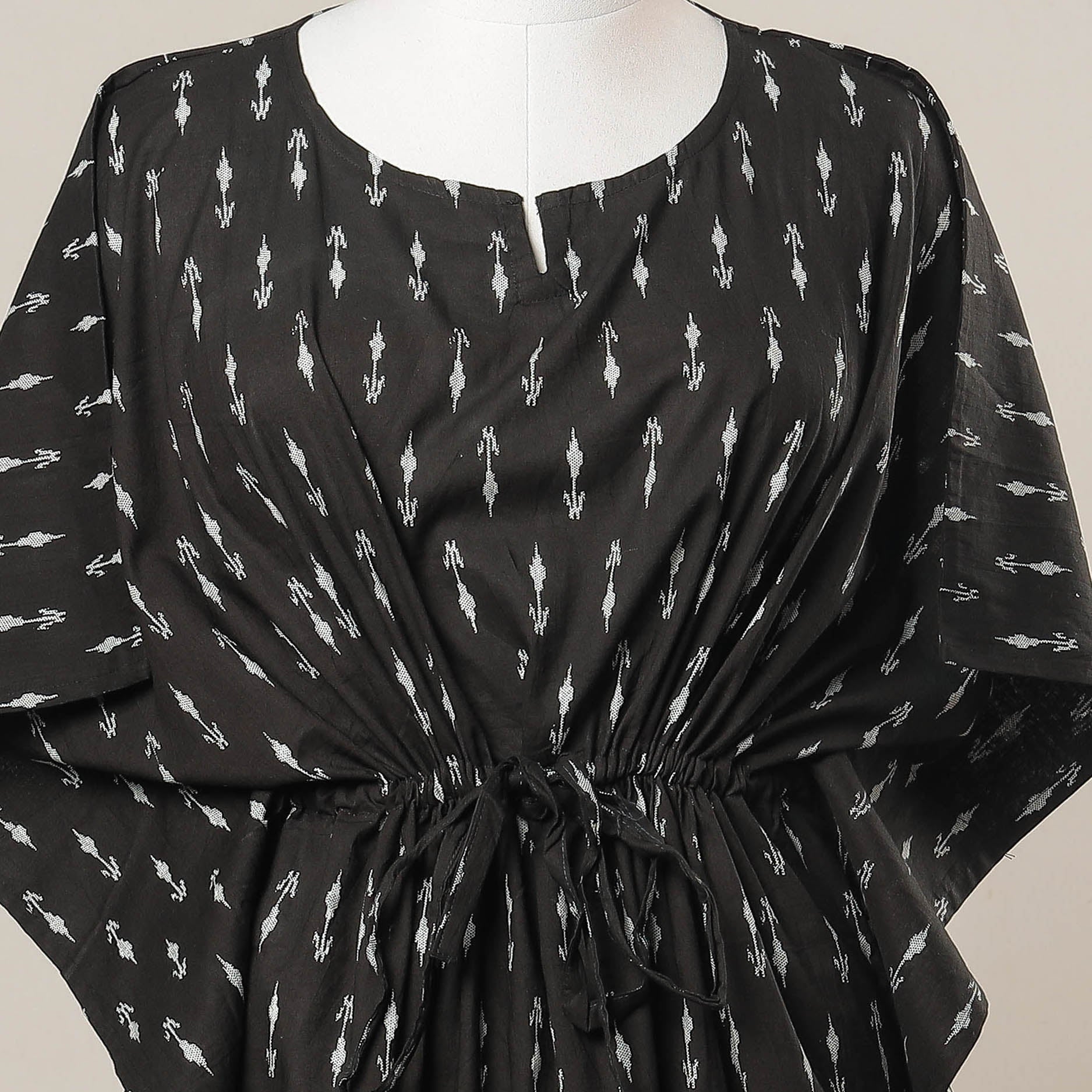 Black - Sanganeri Printed Cotton Kaftan with Tie-Up Waist (Medium)