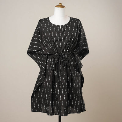 Black - Sanganeri Printed Cotton Kaftan with Tie-Up Waist (Medium)