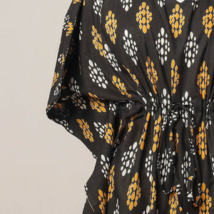 Black - Sanganeri Printed Cotton Kaftan with Tie-Up Waist (Medium)