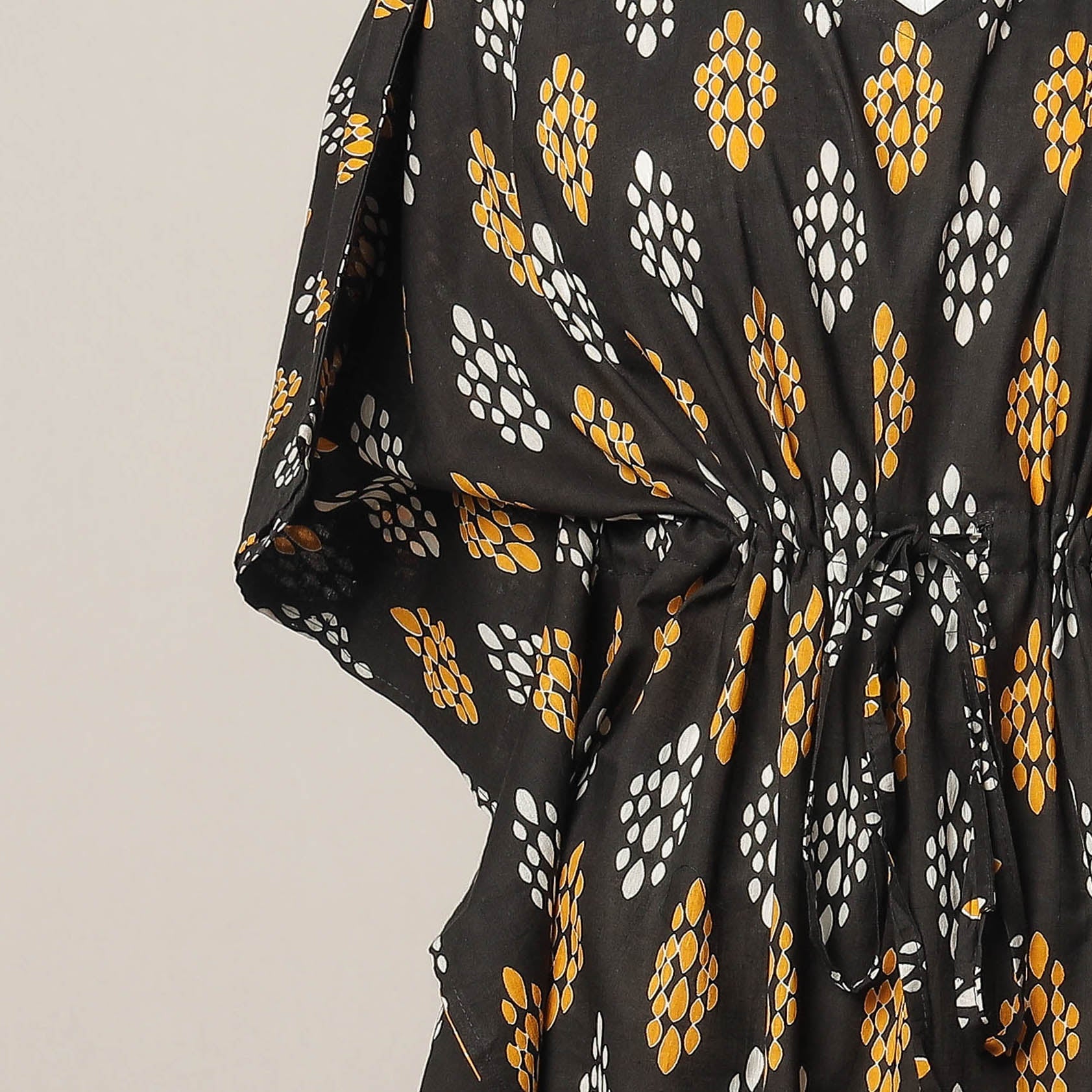 Black - Sanganeri Printed Cotton Kaftan with Tie-Up Waist (Medium)
