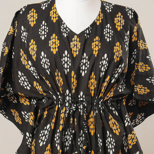 Black - Sanganeri Printed Cotton Kaftan with Tie-Up Waist (Medium)