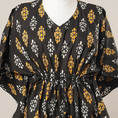 Black - Sanganeri Printed Cotton Kaftan with Tie-Up Waist (Medium)