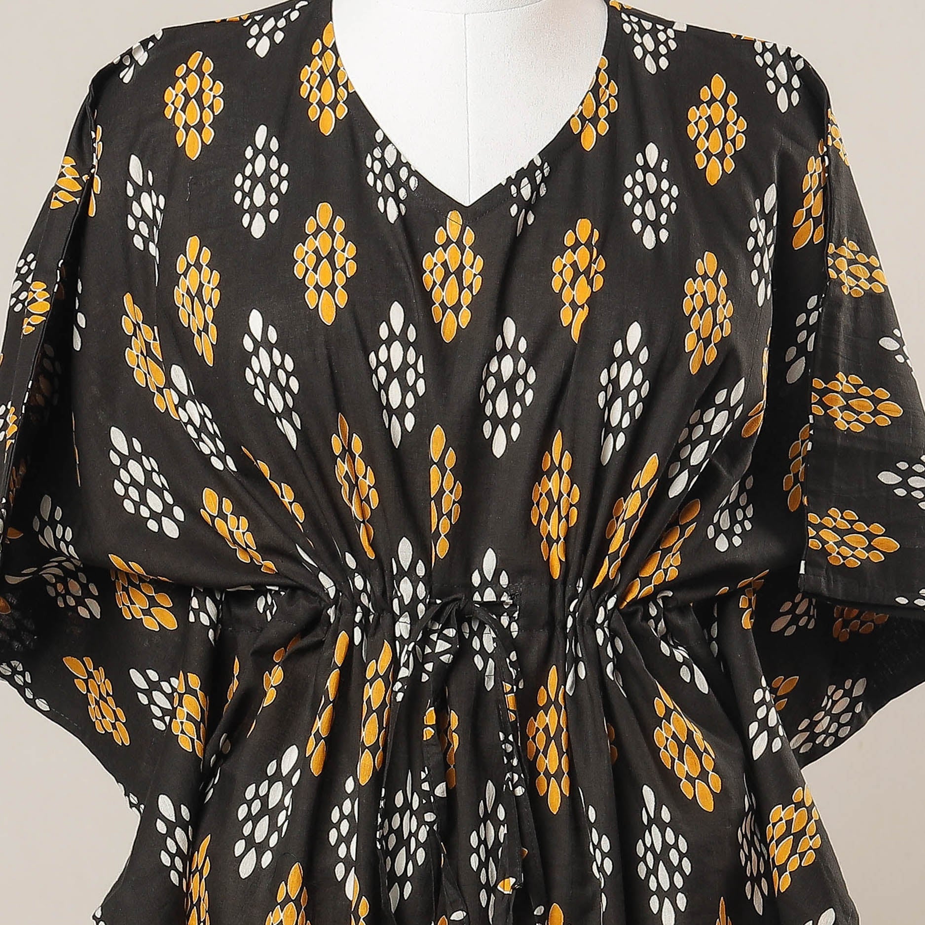 Black - Sanganeri Printed Cotton Kaftan with Tie-Up Waist (Medium)