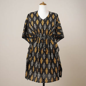 Black - Sanganeri Printed Cotton Kaftan with Tie-Up Waist (Medium)