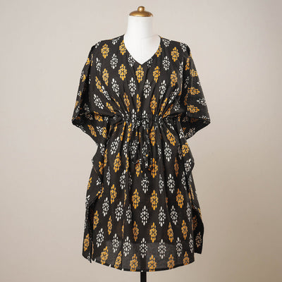 Black - Sanganeri Printed Cotton Kaftan with Tie-Up Waist (Medium)