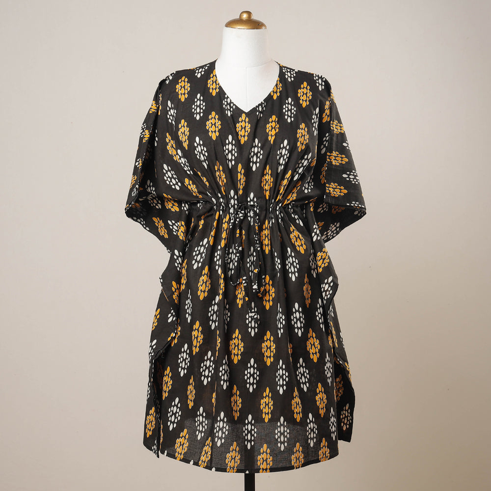 Black - Sanganeri Printed Cotton Kaftan with Tie-Up Waist (Medium)