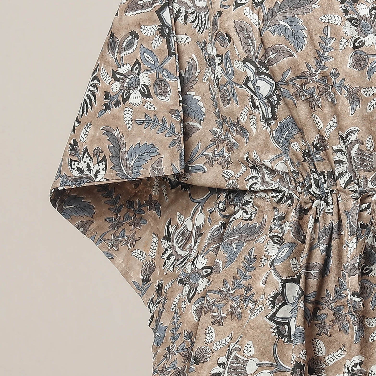 Brown - Sanganeri Printed Cotton Kaftan with Tie-Up Waist (Short)