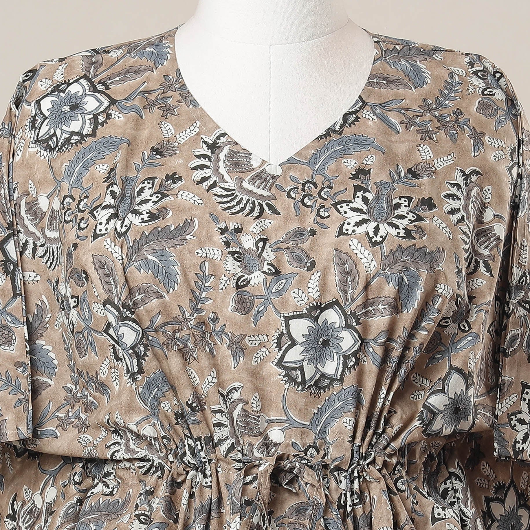 Brown - Sanganeri Printed Cotton Kaftan with Tie-Up Waist (Short)