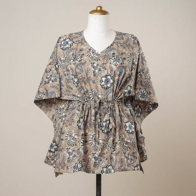 Brown - Sanganeri Printed Cotton Kaftan with Tie-Up Waist (Short)