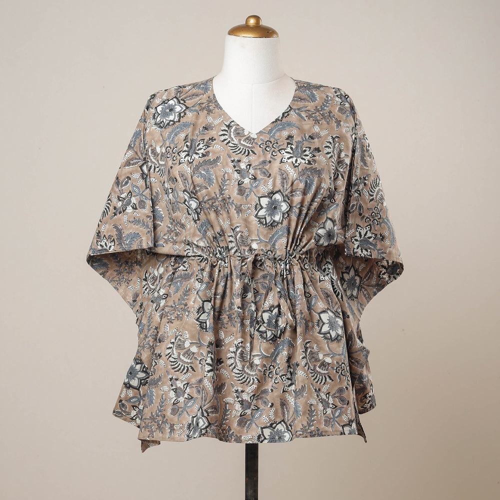 Brown - Sanganeri Printed Cotton Kaftan with Tie-Up Waist (Short)