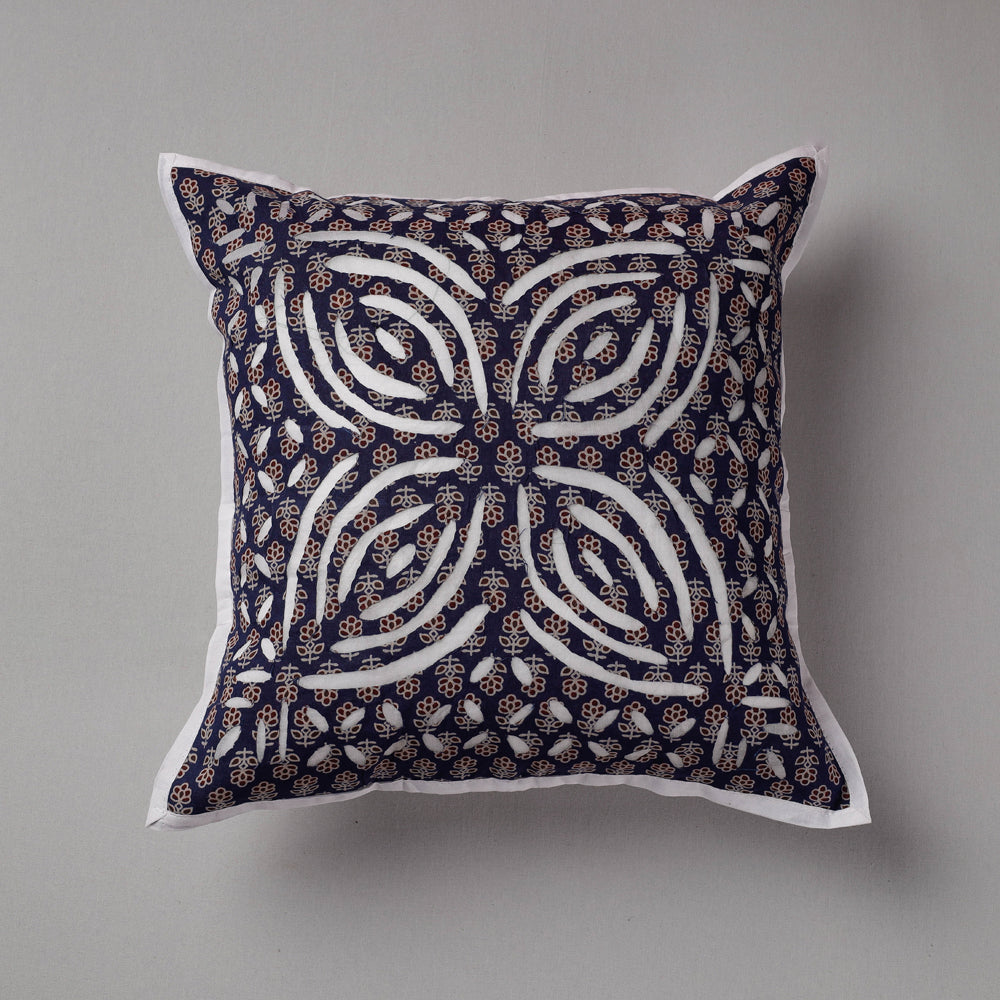 Blue - Cutwork Cotton Applique Cushion Cover (16 x 16 in)