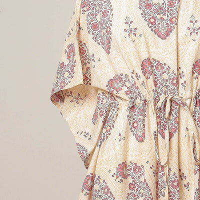 Beige - Sanganeri Printed Cotton Kaftan with Tie-Up Waist (Medium)