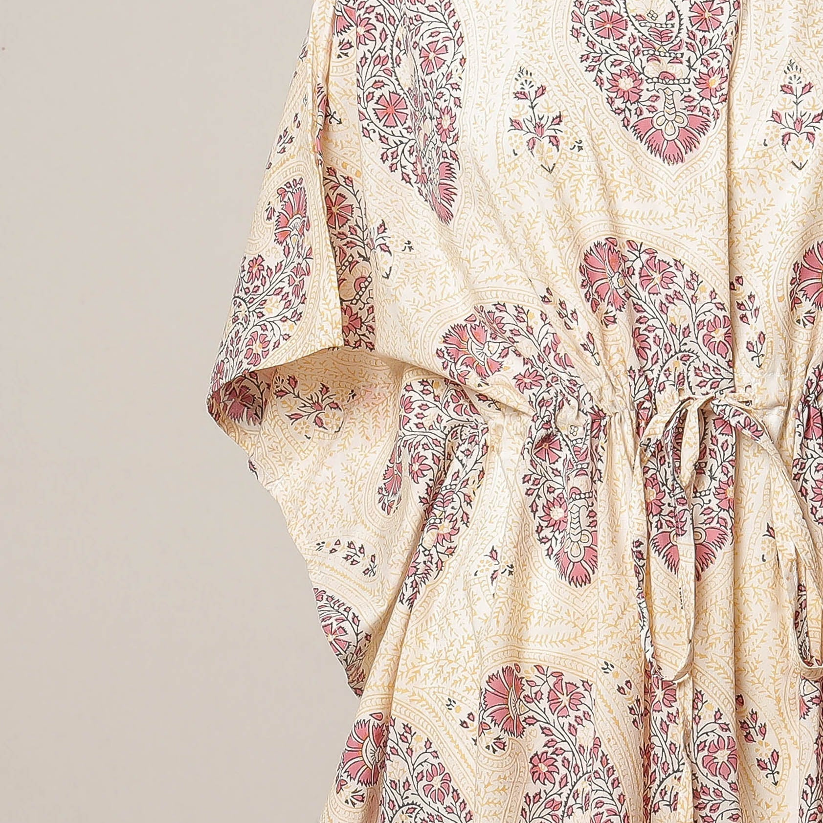 Beige - Sanganeri Printed Cotton Kaftan with Tie-Up Waist (Medium)