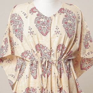Beige - Sanganeri Printed Cotton Kaftan with Tie-Up Waist (Medium)