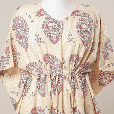 Beige - Sanganeri Printed Cotton Kaftan with Tie-Up Waist (Medium)
