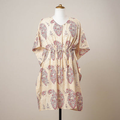 Beige - Sanganeri Printed Cotton Kaftan with Tie-Up Waist (Medium)