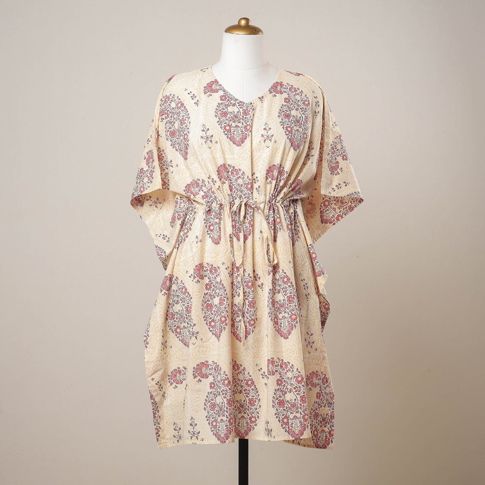 Beige - Sanganeri Printed Cotton Kaftan with Tie-Up Waist (Medium)