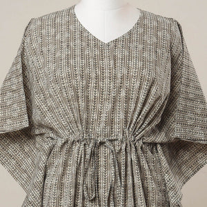 Brown - Sanganeri Printed Cotton Kaftan with Tie-Up Waist (Medium)