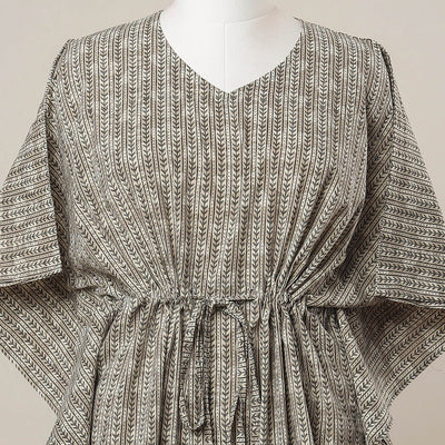 Brown - Sanganeri Printed Cotton Kaftan with Tie-Up Waist (Medium)