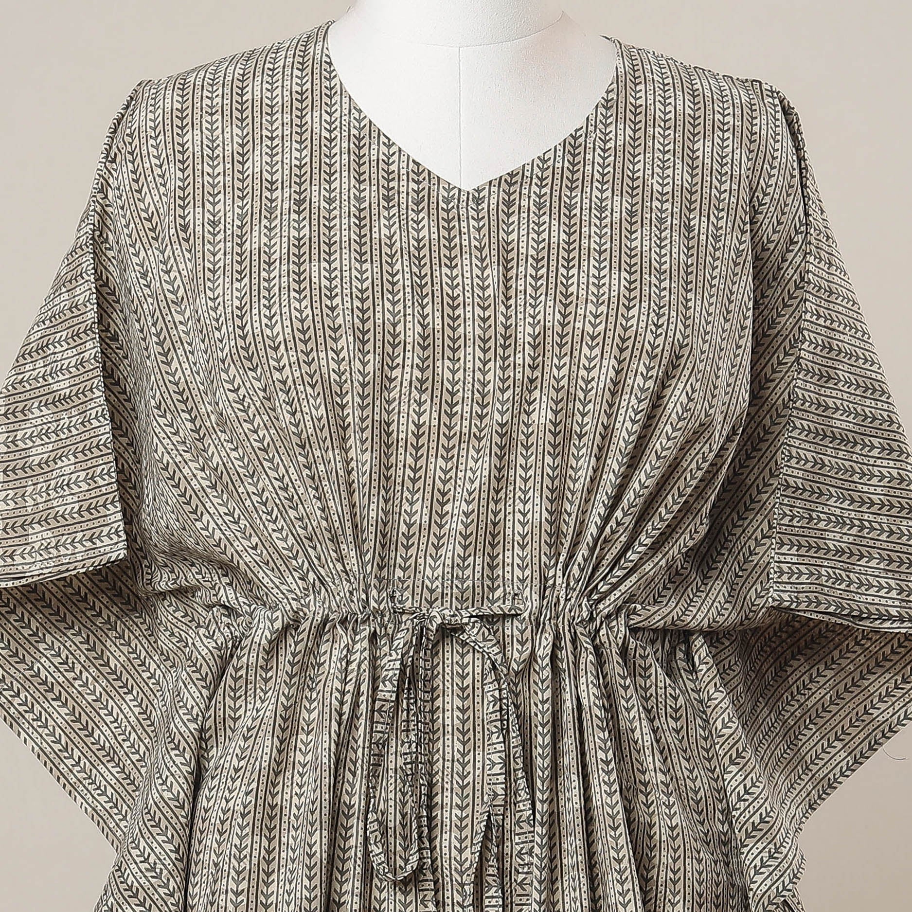 Brown - Sanganeri Printed Cotton Kaftan with Tie-Up Waist (Medium)