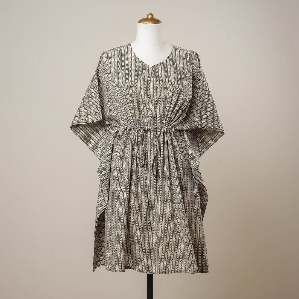 Brown - Sanganeri Printed Cotton Kaftan with Tie-Up Waist (Medium)