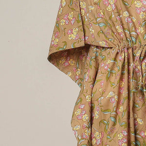 Brown - Sanganeri Printed Cotton Kaftan with Tie-Up Waist (Long)