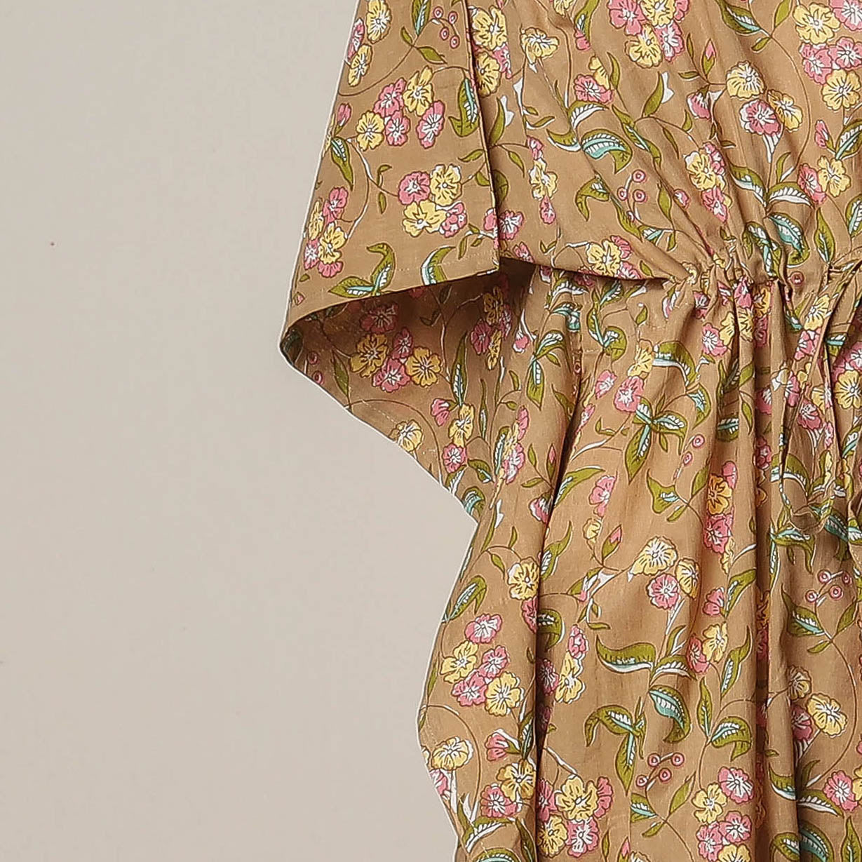 Brown - Sanganeri Printed Cotton Kaftan with Tie-Up Waist (Long)