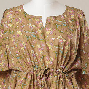 Brown - Sanganeri Printed Cotton Kaftan with Tie-Up Waist (Long)