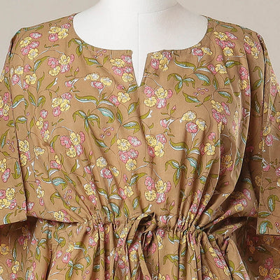 Brown - Sanganeri Printed Cotton Kaftan with Tie-Up Waist (Long)
