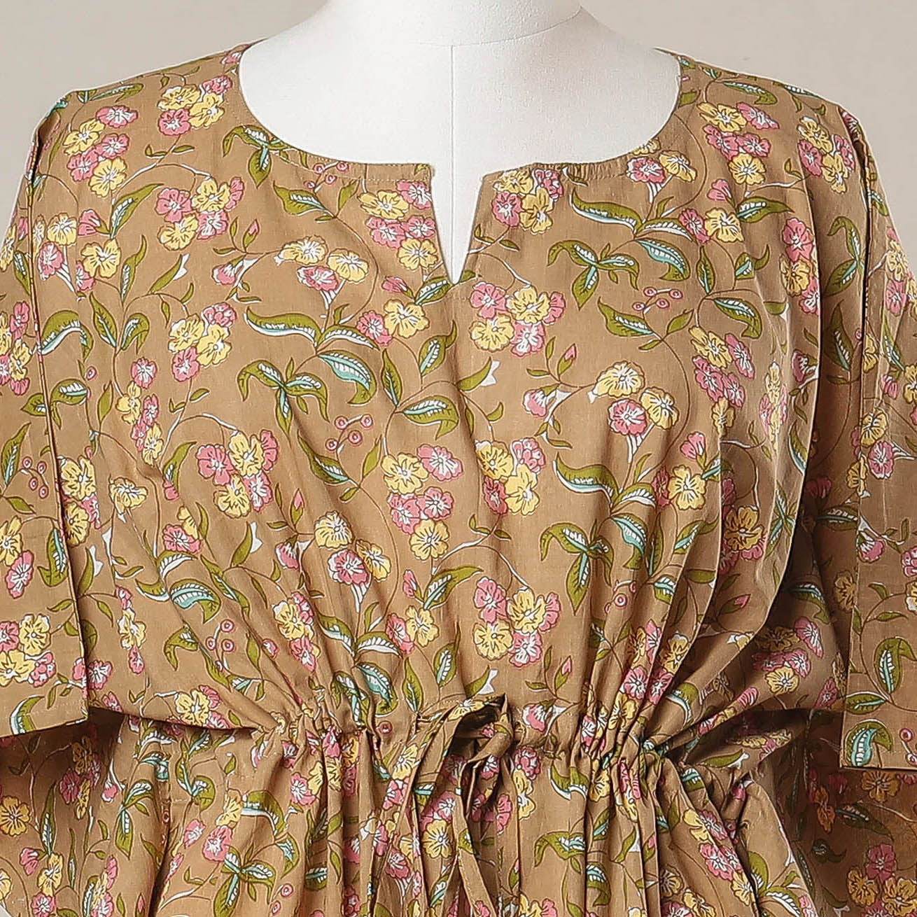 Brown - Sanganeri Printed Cotton Kaftan with Tie-Up Waist (Long)