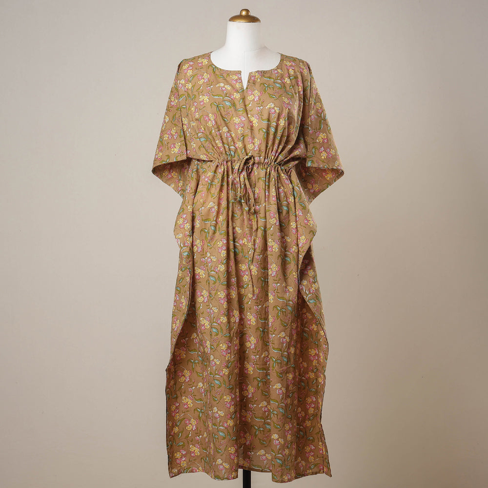 Brown - Sanganeri Printed Cotton Kaftan with Tie-Up Waist (Long)