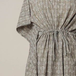 Brown - Sanganeri Printed Cotton Kaftan with Tie-Up Waist (Long)