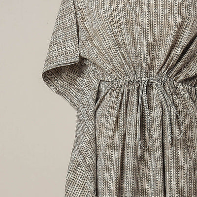 Brown - Sanganeri Printed Cotton Kaftan with Tie-Up Waist (Long)