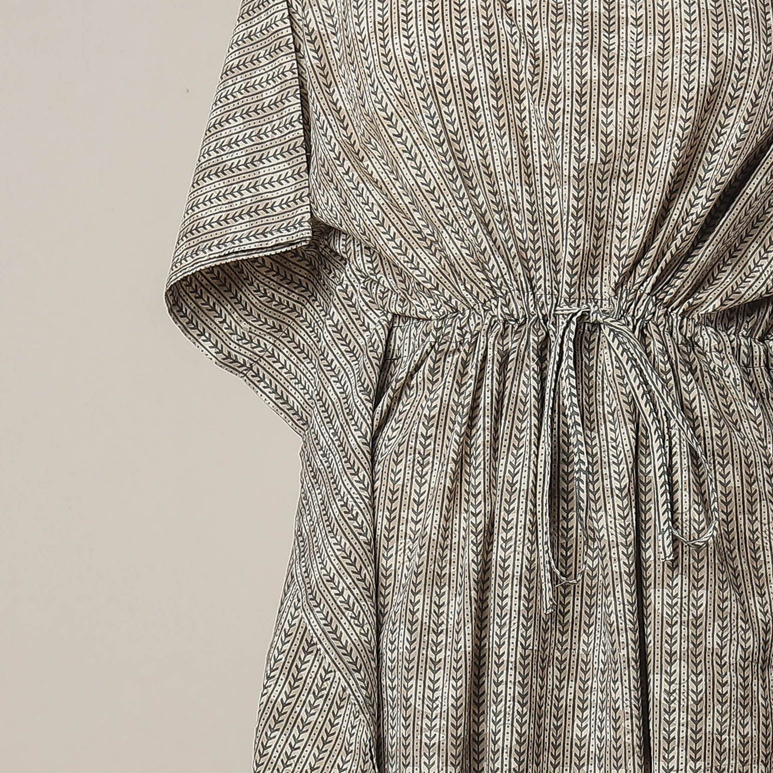 Brown - Sanganeri Printed Cotton Kaftan with Tie-Up Waist (Long)