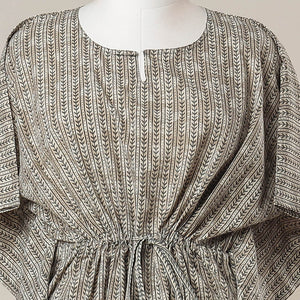 Brown - Sanganeri Printed Cotton Kaftan with Tie-Up Waist (Long)