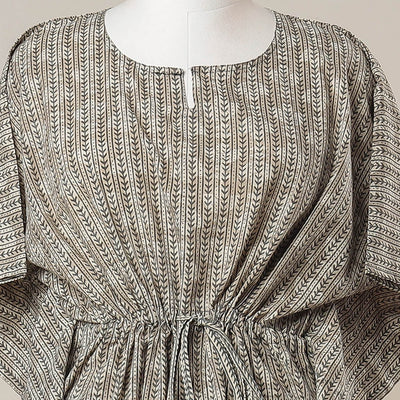Brown - Sanganeri Printed Cotton Kaftan with Tie-Up Waist (Long)