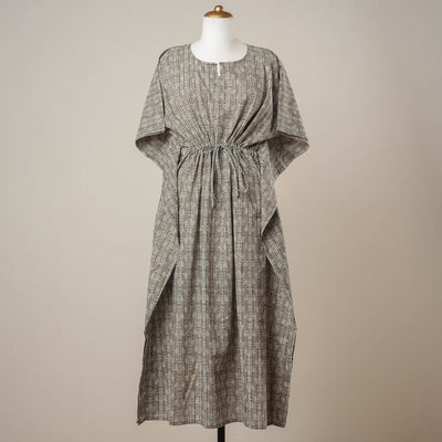 Brown - Sanganeri Printed Cotton Kaftan with Tie-Up Waist (Long)