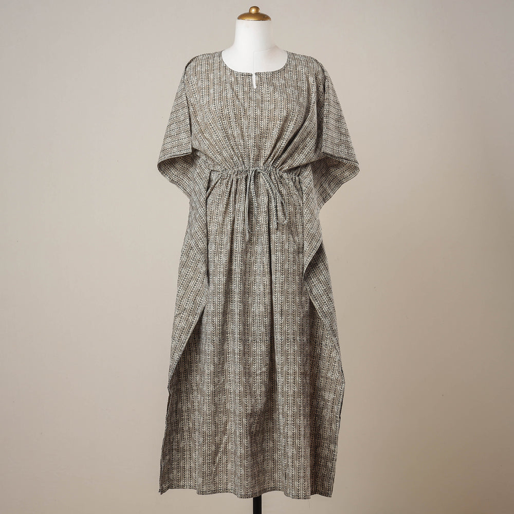 Brown - Sanganeri Printed Cotton Kaftan with Tie-Up Waist (Long)