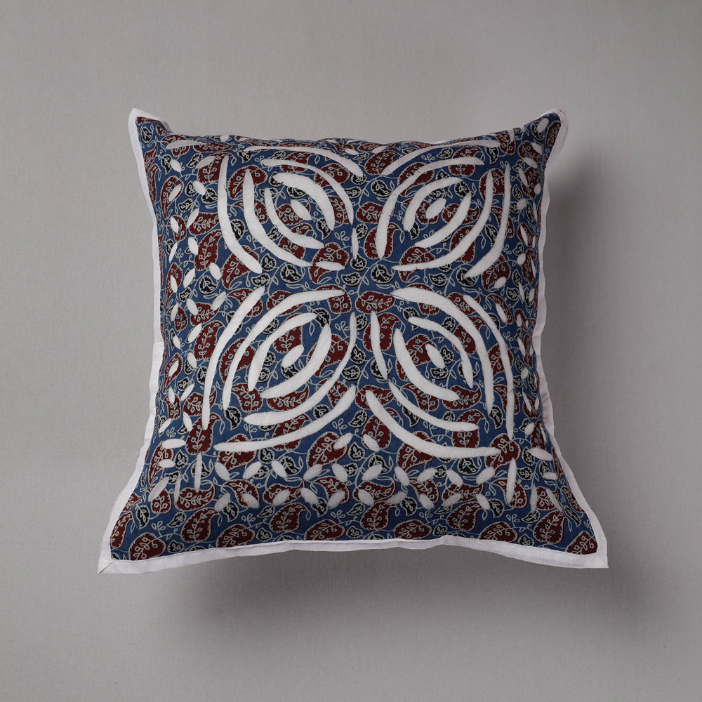Blue - Cutwork Cotton Applique Cushion Cover (16 x 16 in)