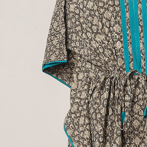 Brown - Pipad Hand Block Printed Cotton Kaftan with Tie-Up Waist (Long)