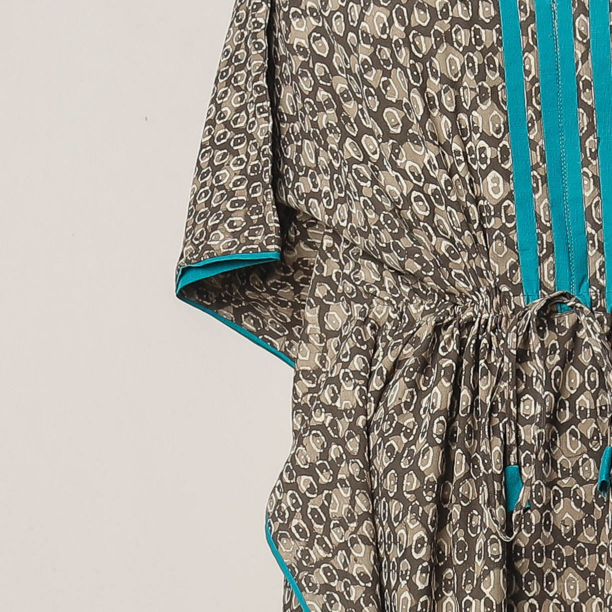 Brown - Pipad Hand Block Printed Cotton Kaftan with Tie-Up Waist (Long)