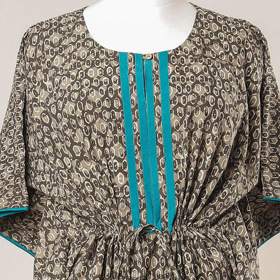 Brown - Pipad Hand Block Printed Cotton Kaftan with Tie-Up Waist (Long)