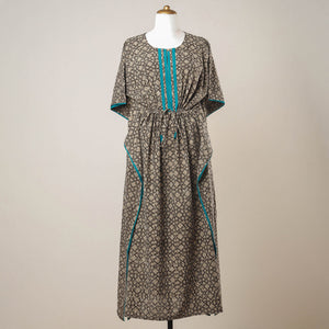 Brown - Pipad Hand Block Printed Cotton Kaftan with Tie-Up Waist (Long)